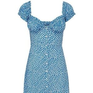 WITH JÉAN Isabelle Dress Blue Milkmaid Puff Sleeve Off Shoulder Button Down Sm